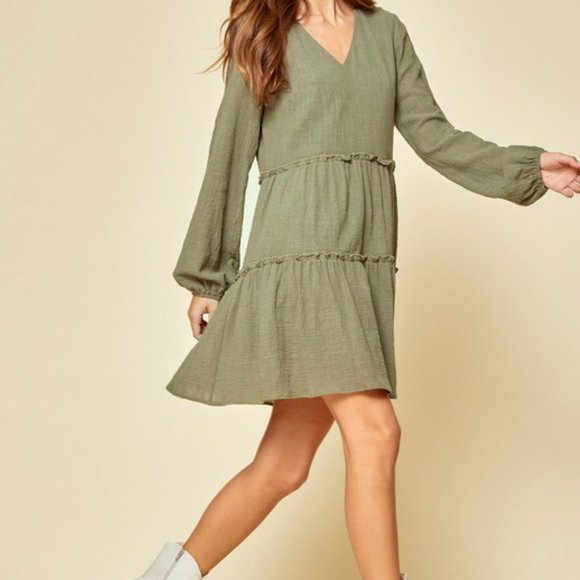 Women's Olive Mini Tiered Long Sleeve Dress - Picture 2 of 5